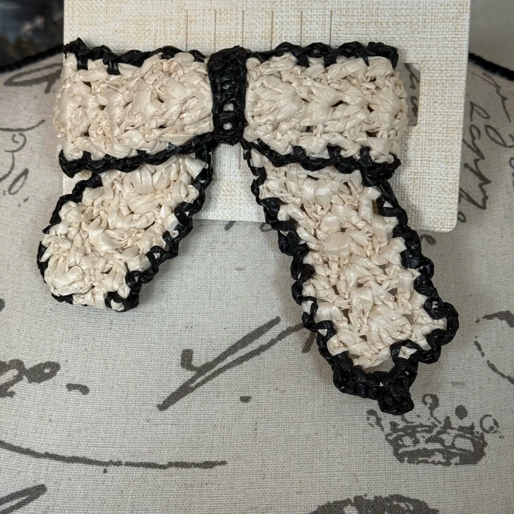 Handwoven Cream and Black Bow Hair Clip